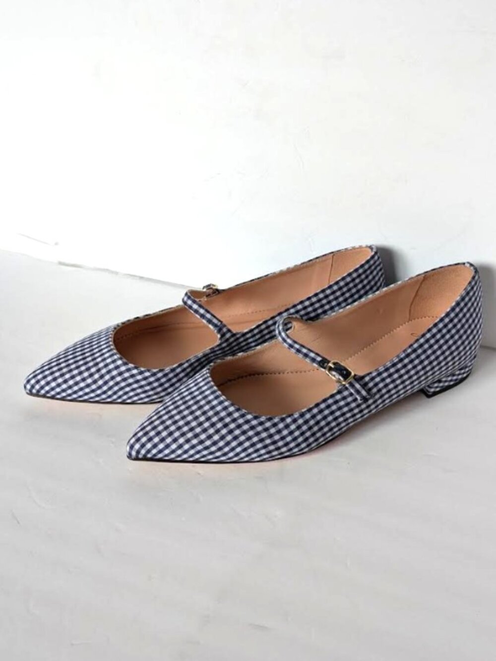 J. Crew Gingham Pointed Toe Mary Jane Flats Navy White 7 NIB - Picture 5 of 9
